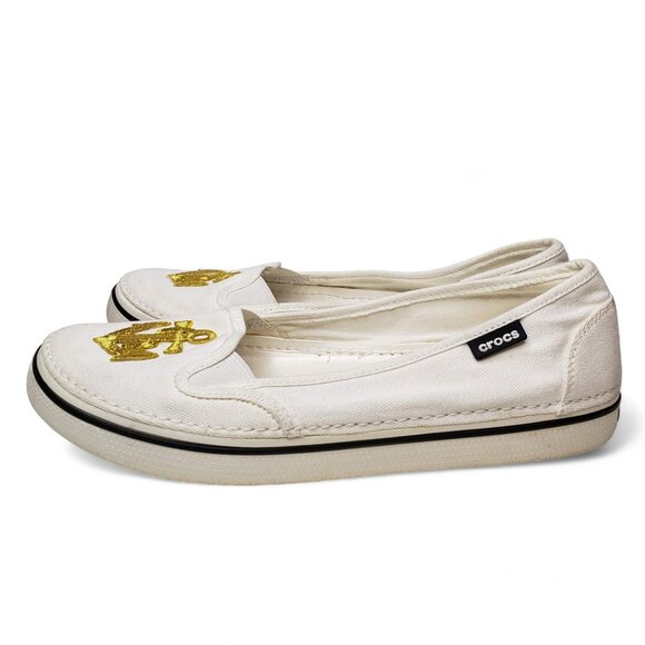 Crocs Nautical Loafer Women's Canvas Embroidered Metallic Gold Anchor Slip On 10 - Picture 3 of 13